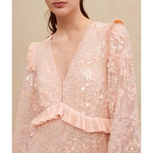 Maje Pale Pink Ruffled V-Neck Sequin Party Formal Dress Size 36/ US 4 - Picture 4 of 14